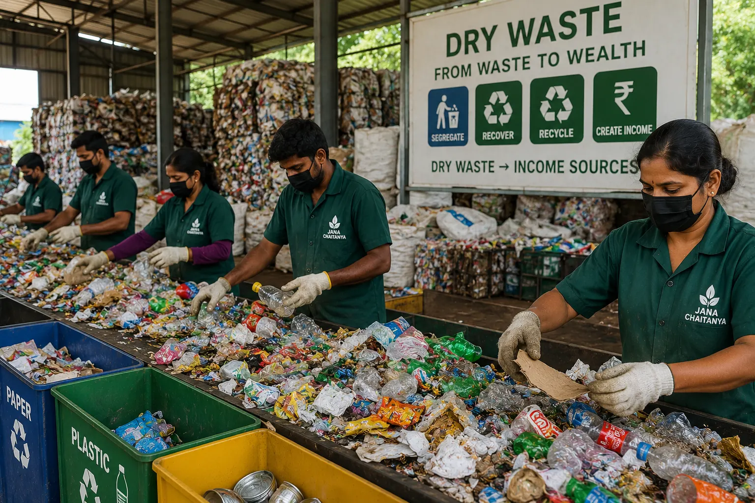 Indian workers segregating dry recyclable waste