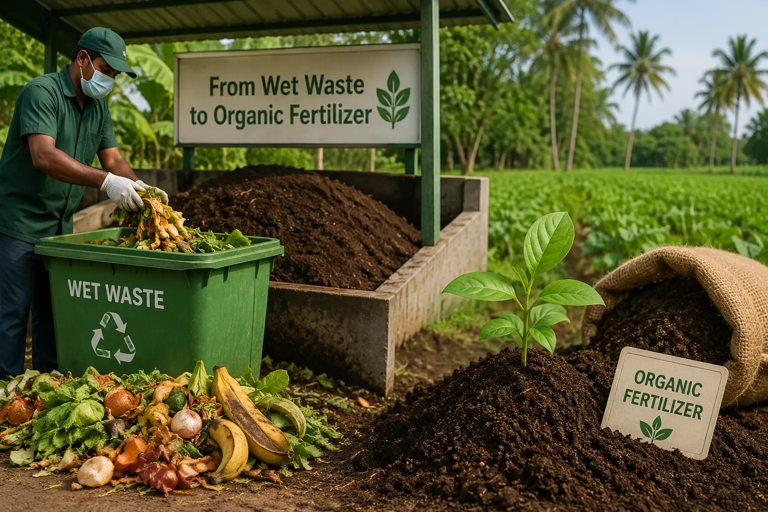 Wet waste being processed into organic fertilizer